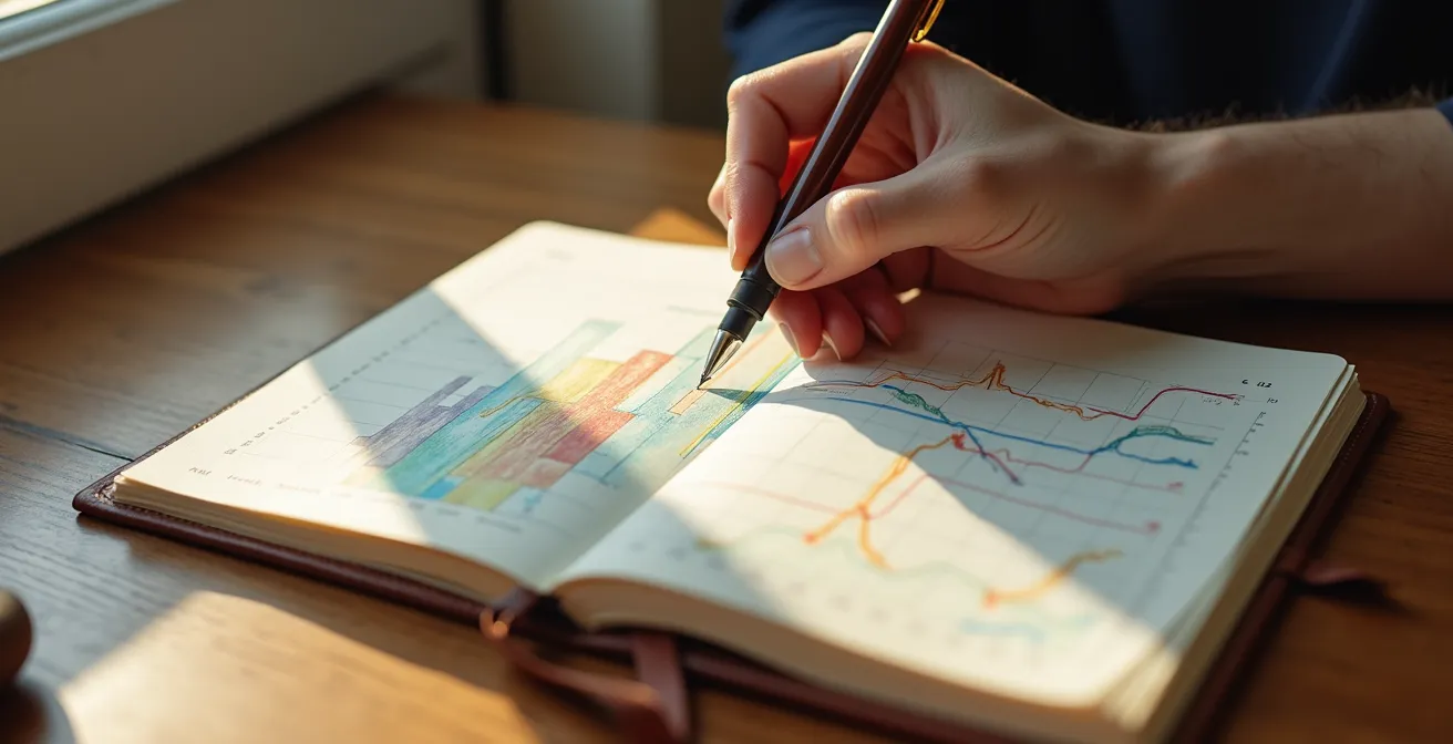 Main écrivant dans un carnet avec des graphiques colorés et des courbes d'évolution tracées à la main