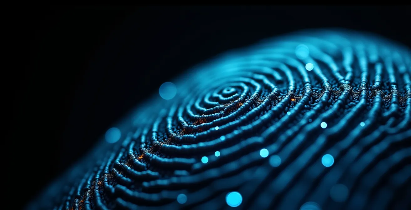 Gros plan macro sur une empreinte digitale avec des circuits lumineux bioluminescents suivant les crêtes papillaires