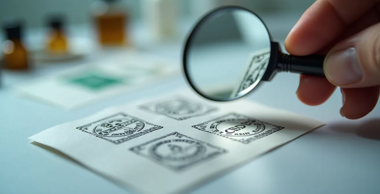 Vue macro détaillée d'une étiquette de produit CBD montrant les dosages et certificats