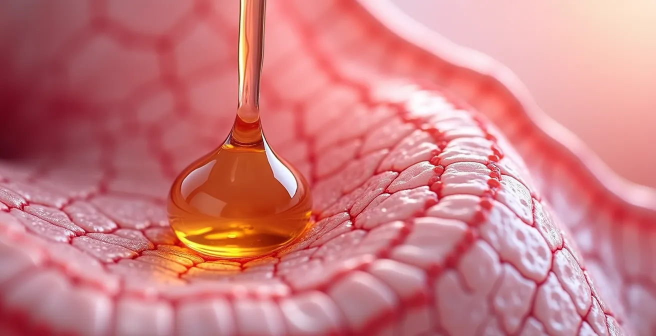 Vue macro de la zone sublinguale montrant les capillaires et l'absorption