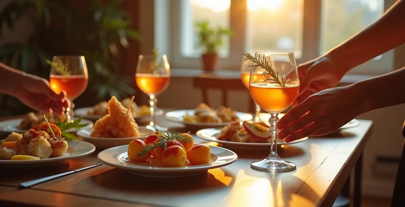 Table apéritive élégante avec petites bouchées et boissons dans une atmosphère chaleureuse