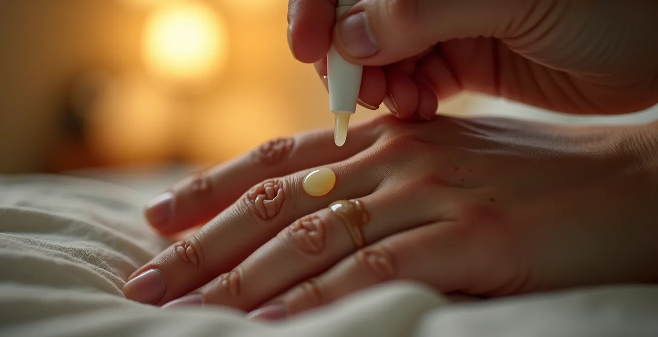 Vue macro de mains appliquant un baume sur les articulations des doigts avant le coucher, dans une lumière tamisée et chaleureuse.
