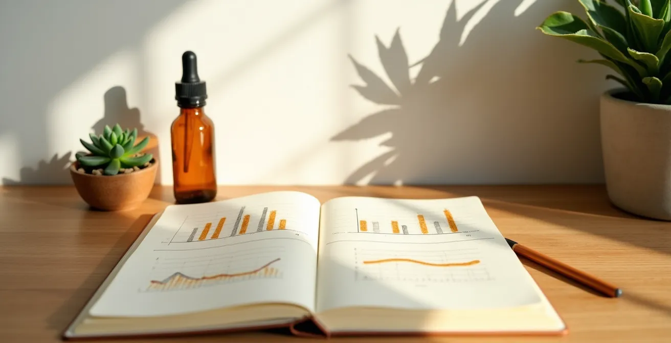Carnet de suivi avec graphiques montrant l'évolution progressive du bien-être sur 30 jours de prise de CBD