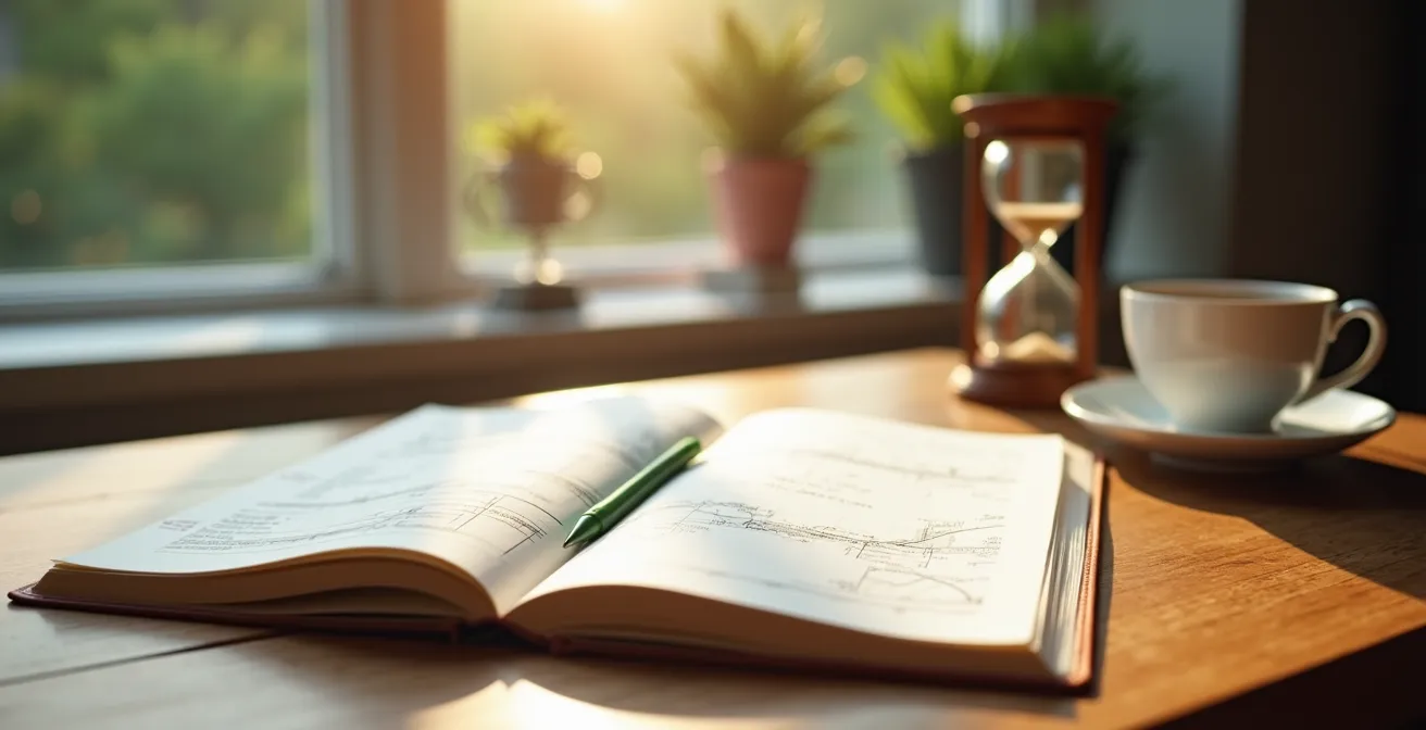 Journal de suivi posé sur une table avec stylo et tasse de tisane, atmosphère sereine de réduction progressive