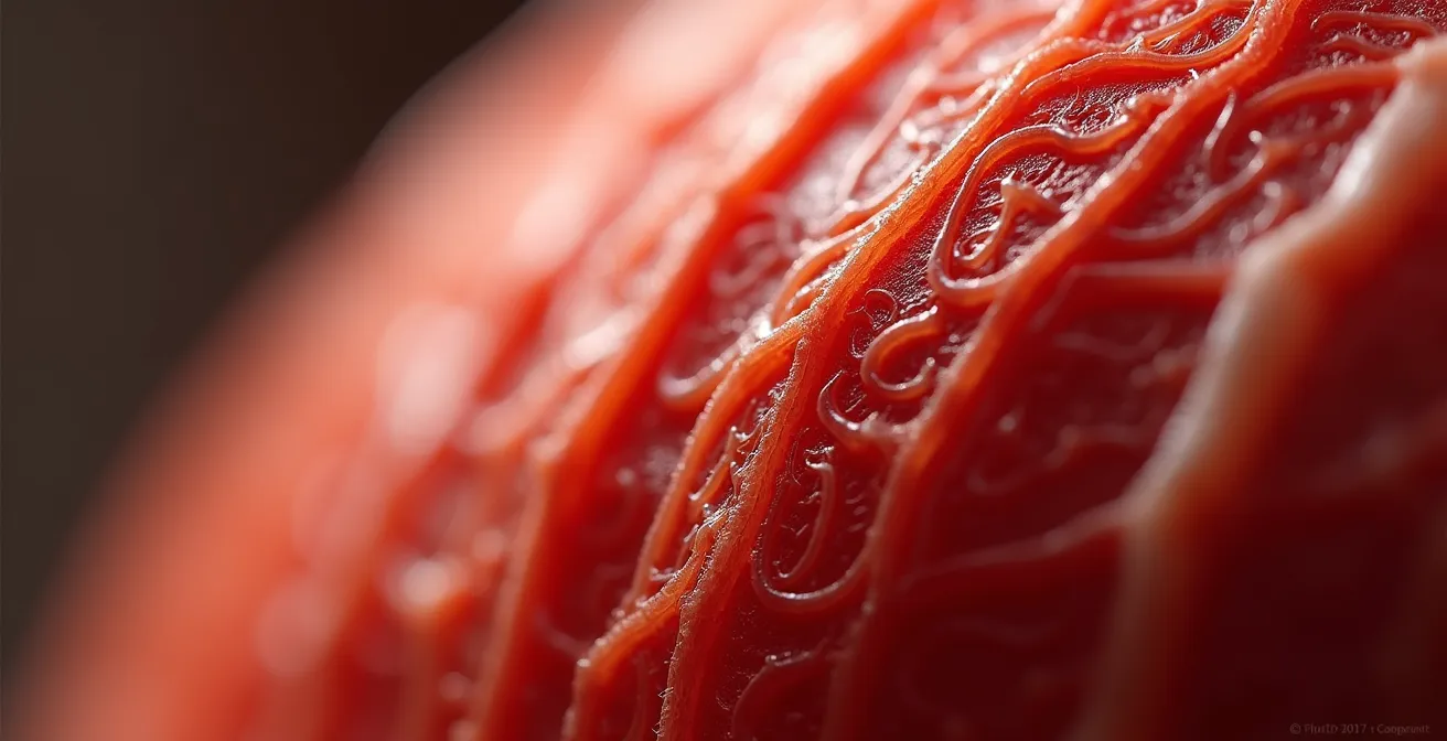 Vue macro d'une fibre musculaire avec représentation des récepteurs cannabinoïdes