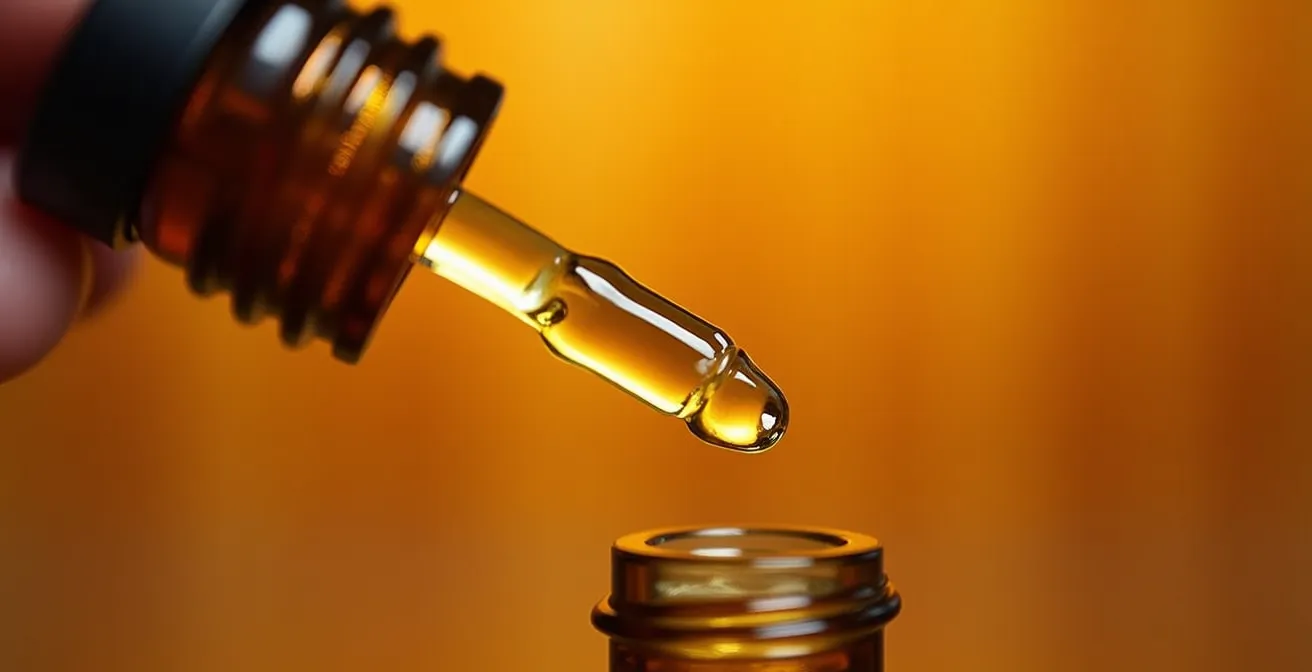 Gros plan macro sur administration sublinguale d'huile de CBD montrant la texture et les détails