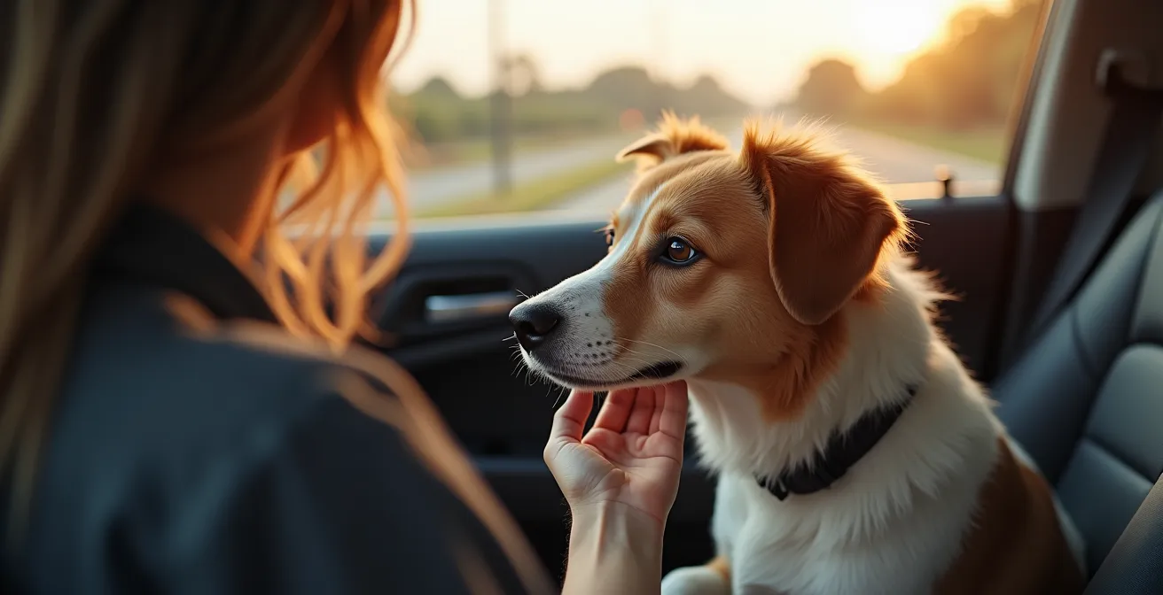 Chien détendu en voiture après administration de CBD avant le voyage
