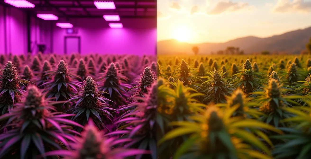 Comparaison visuelle entre culture Indoor sous LED et Outdoor au soleil pour fleurs de CBD