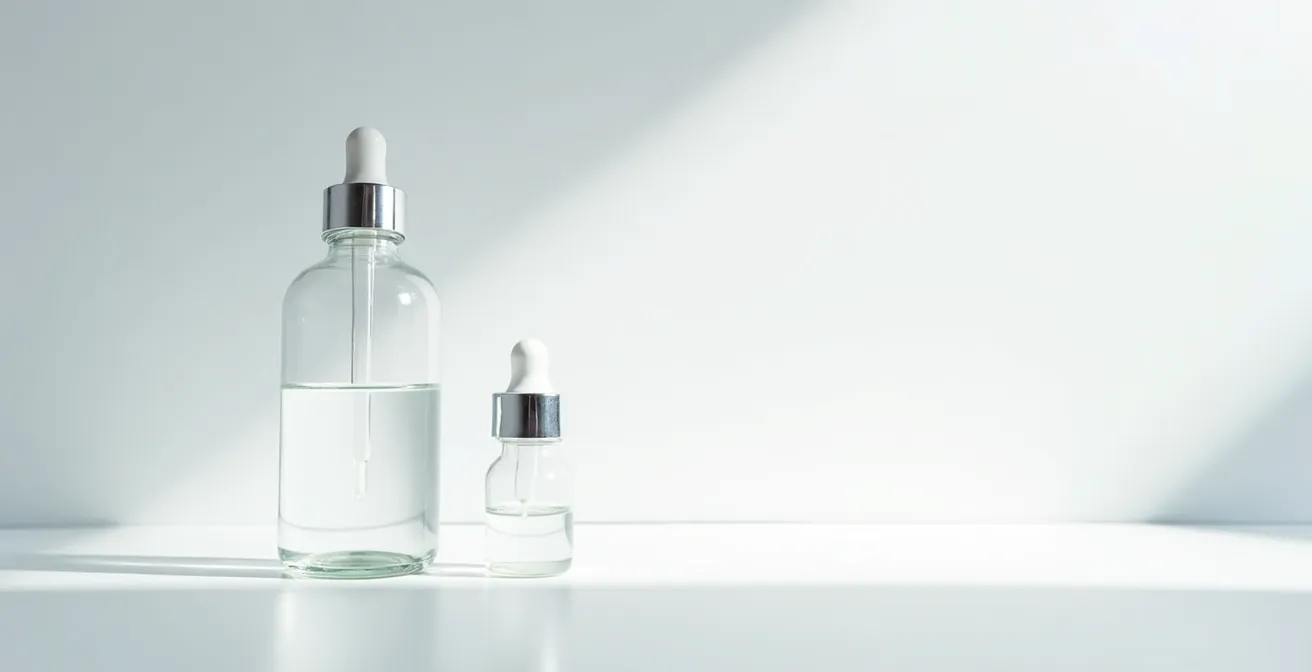 Comparaison visuelle entre une dose clinique et commerciale de CBD représentée par des flacons de tailles différentes