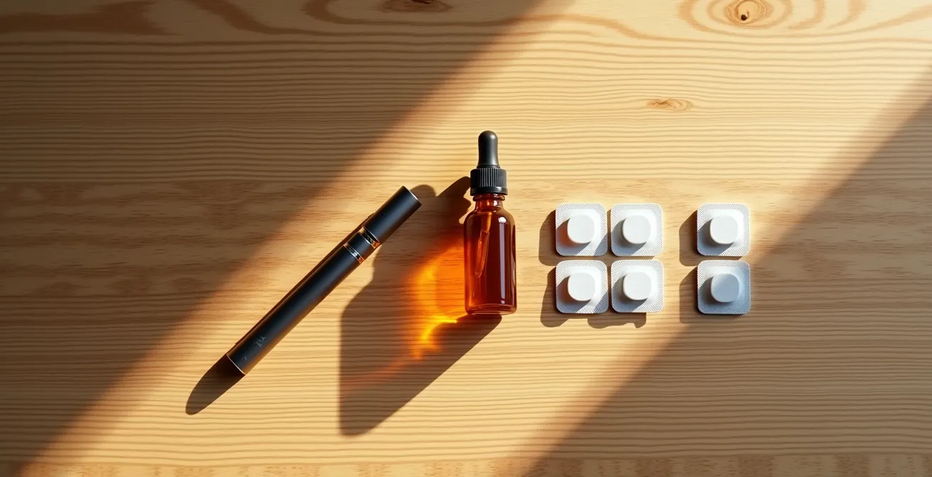 Arrangement minimaliste de différents produits CBD sur surface en bois naturel