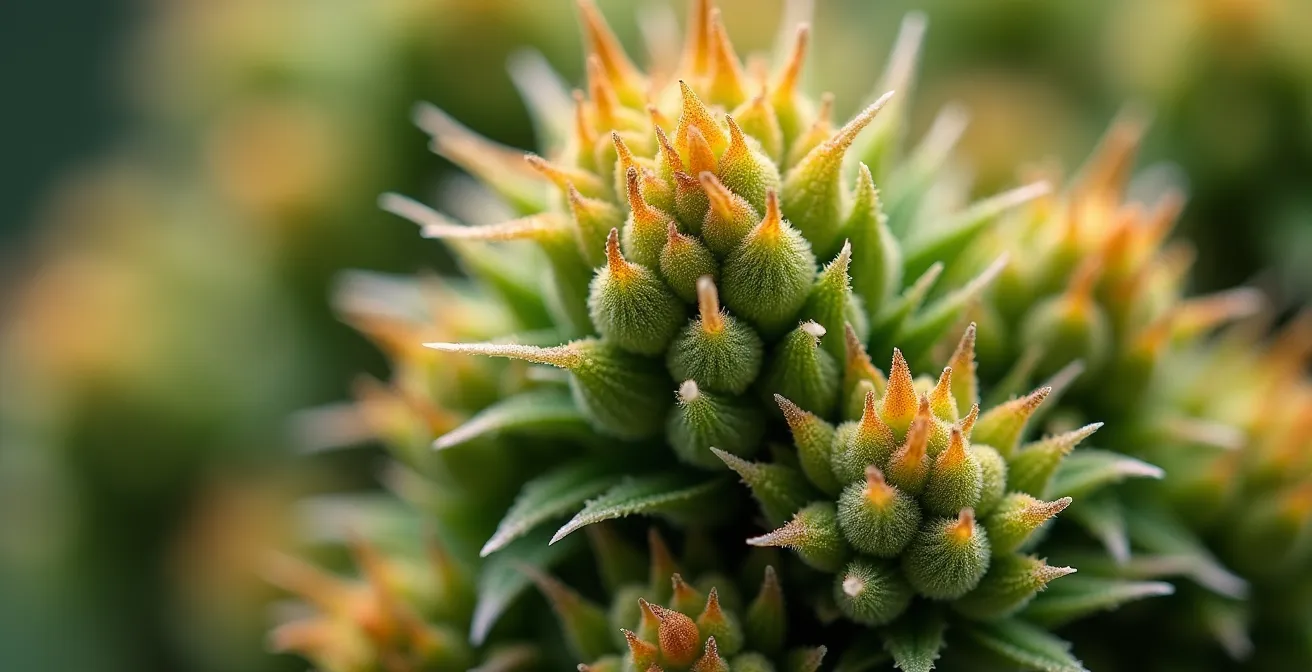 Gros plan sur des fleurs de CBD avec mise au point sélective montrant les détails de texture