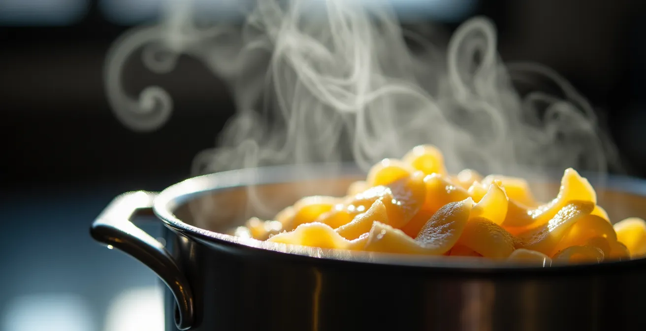 Casserole de pâtes au chanvre en cuisson passive avec couvercle entrouvert laissant échapper de la vapeur