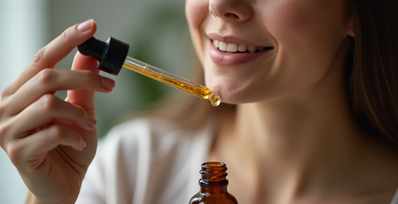 Personne pratiquant la prise sublinguale d'huile de CBD avec concentration méditative