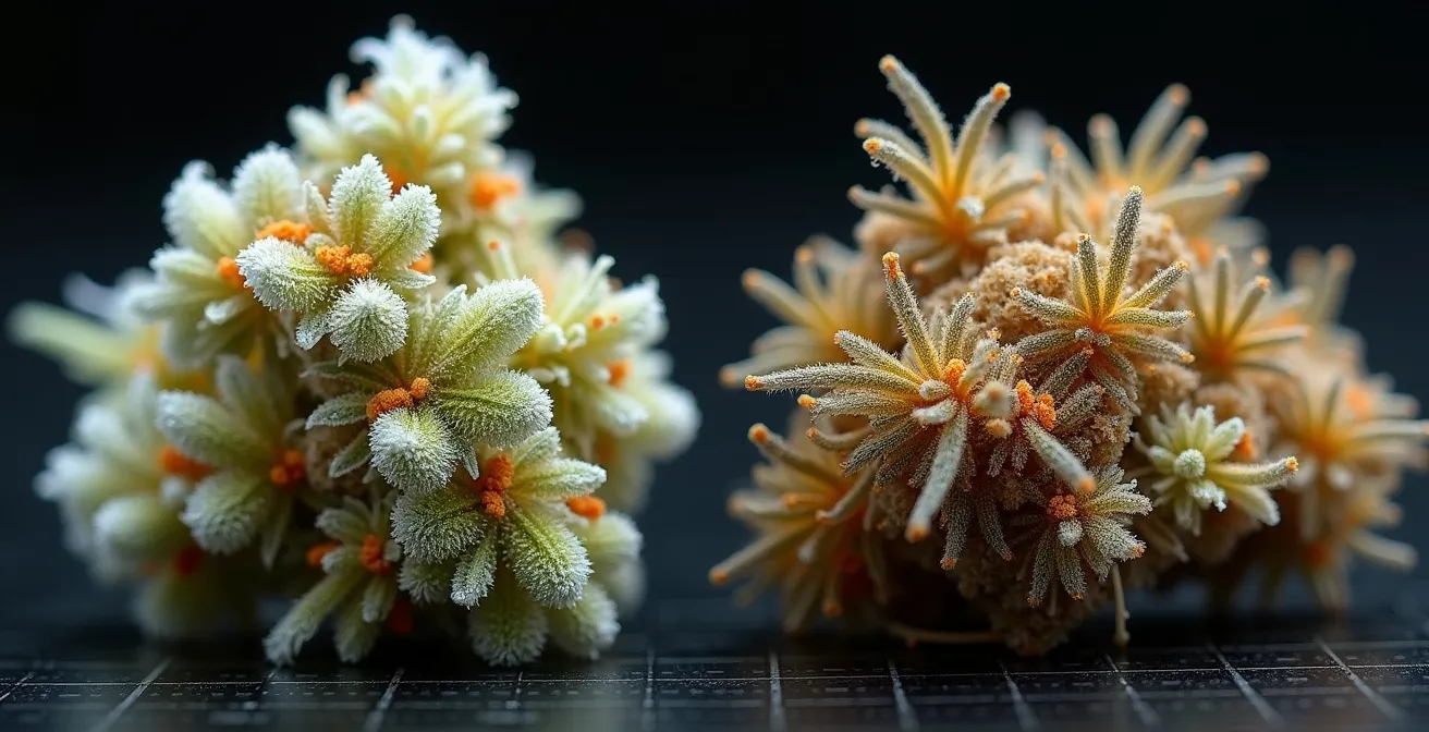 Comparaison microscopique entre fleur CBD naturelle avec trichomes et fleur lavée sans résine