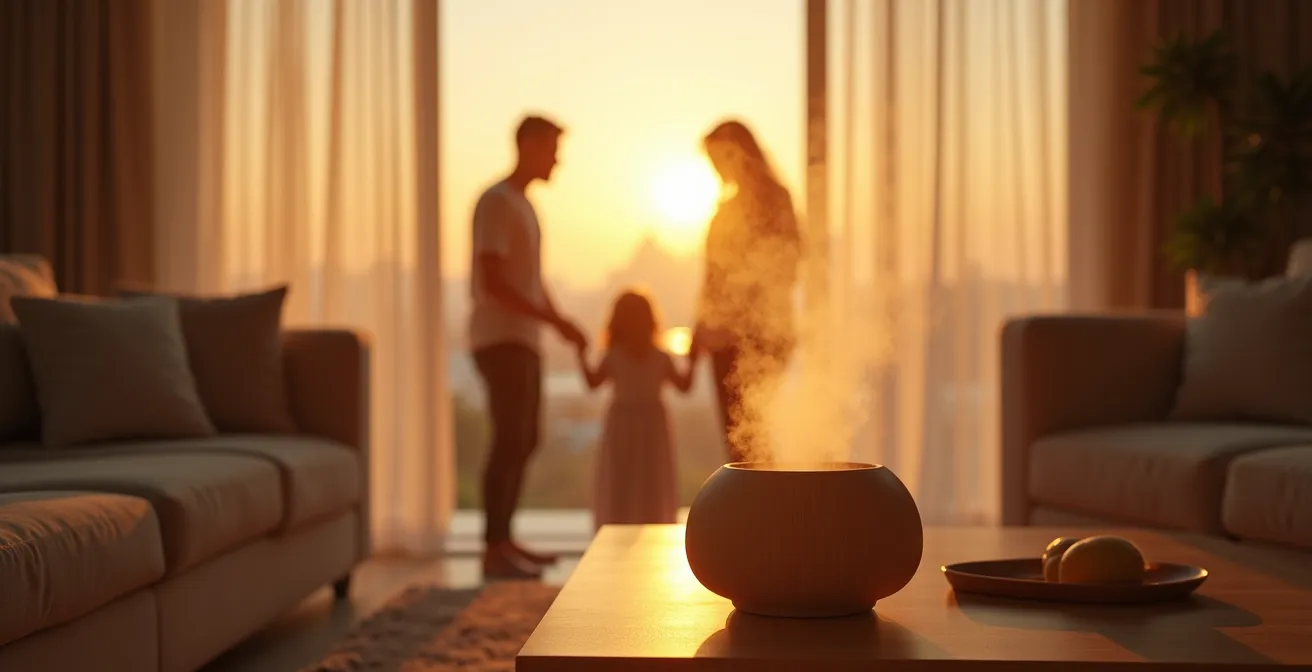 Salon familial baigné de lumière douce avec diffuseur d'huiles essentielles