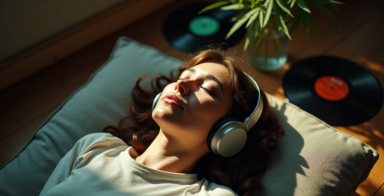 Personne allongée avec casque audio de qualité dans un environnement tamisé propice à l'écoute
