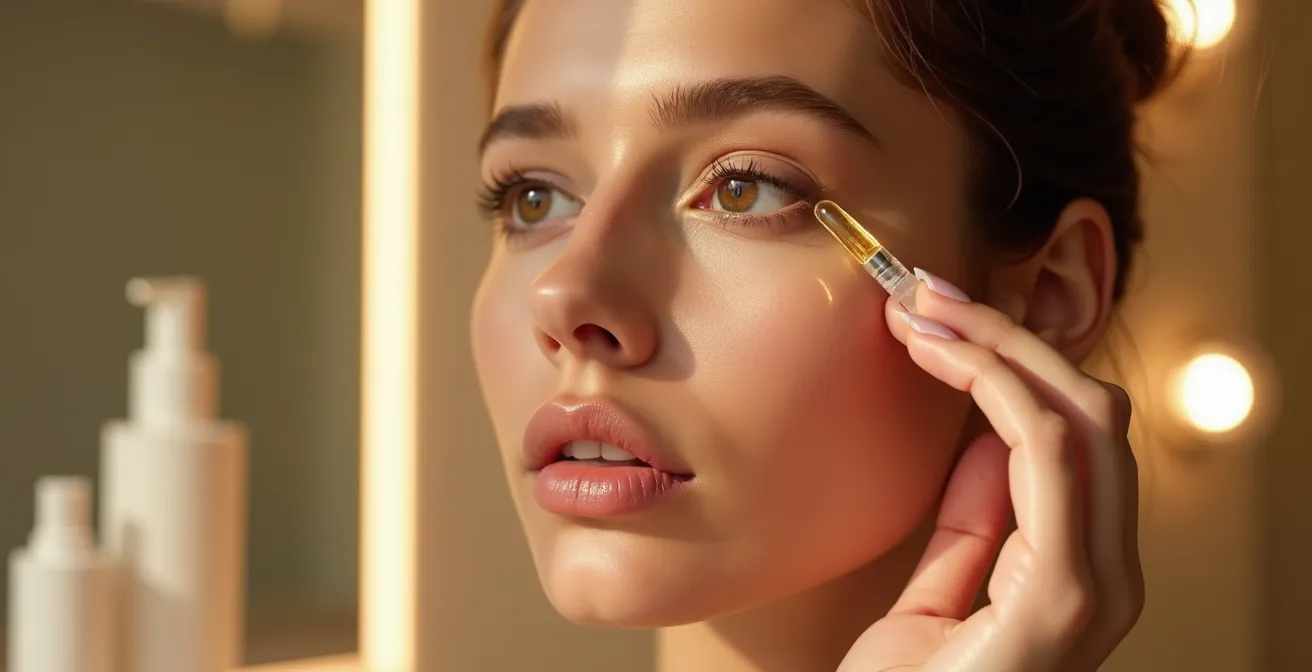 Femme mature appliquant un sérum au CBD sur son visage devant un miroir