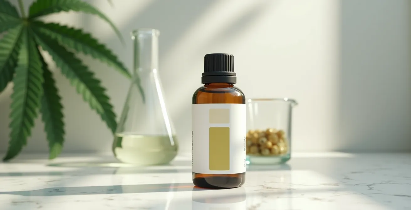 Flacon d'huile CBD avec étiquette professionnelle montrant les mentions obligatoires