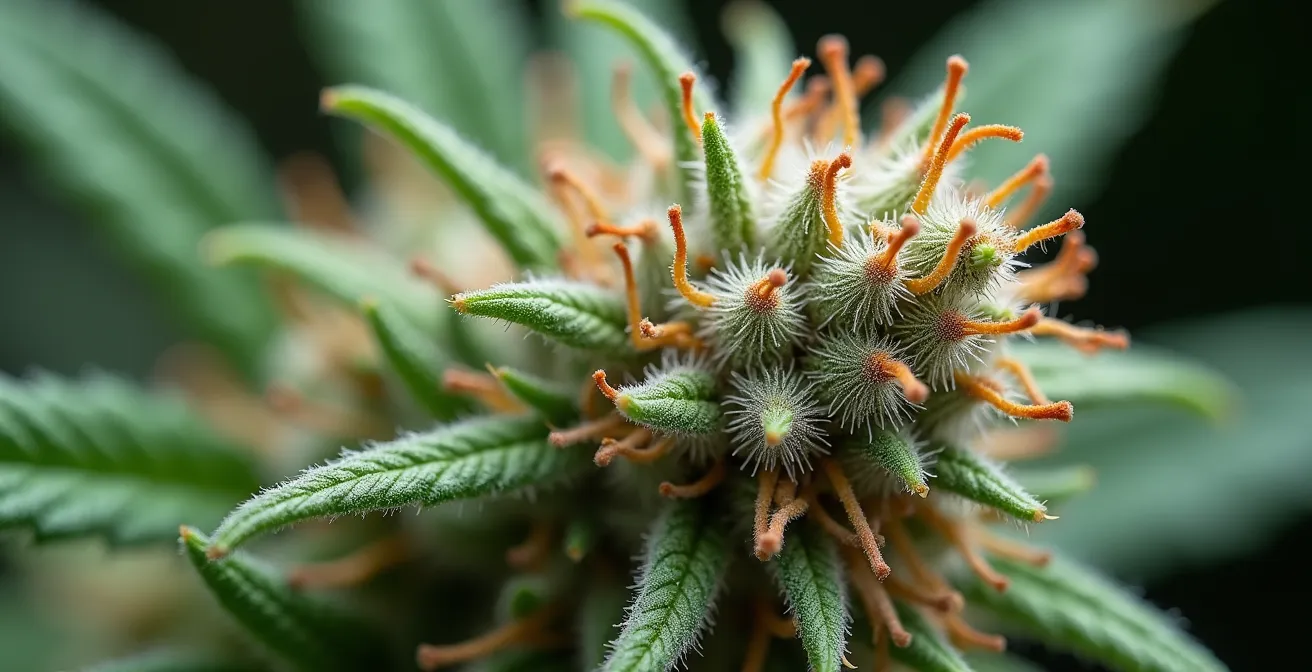 Vue macro détaillée d'une fleur de CBD montrant les trichomes cristallins et la structure de qualité