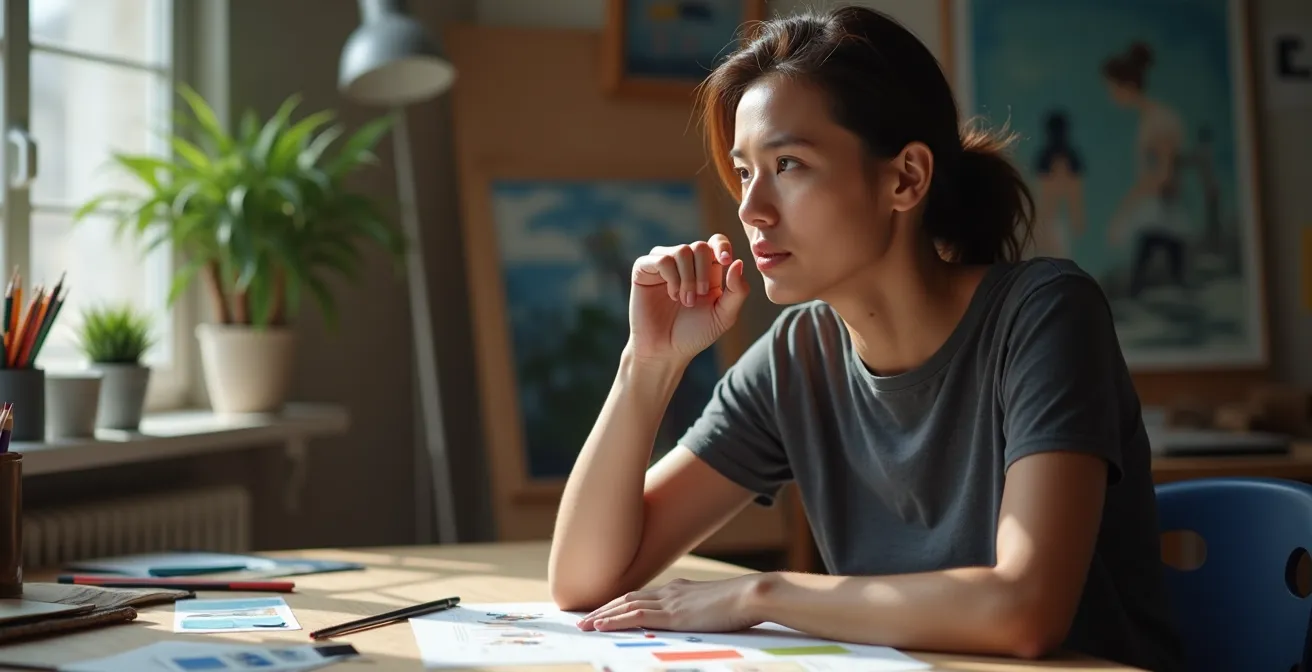 Session de brainstorming créatif d'un freelance dans un environnement inspirant