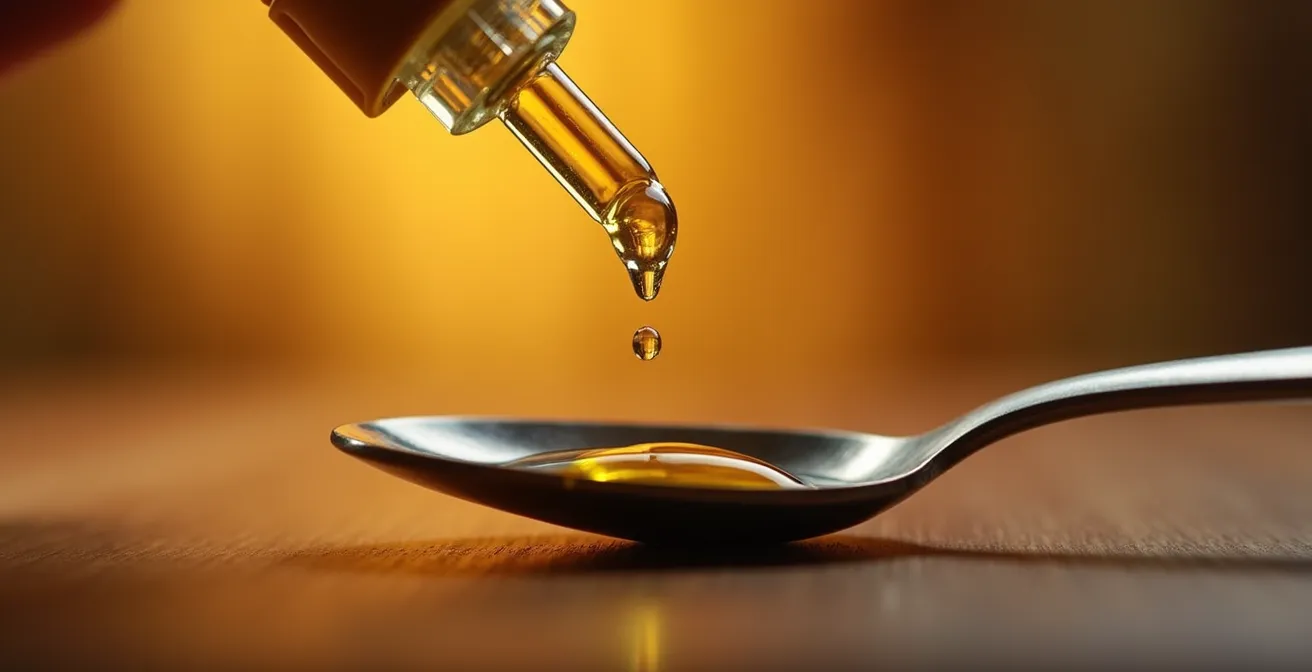 Flacon d'huile de CBD avec compte-gouttes montrant le dosage progressif pour un usage thérapeutique