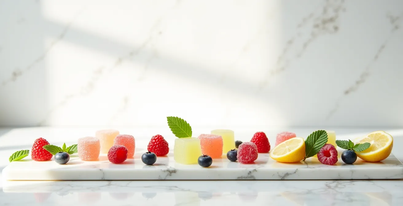 Composition artistique de gummies transparents avec fruits frais et plantes naturelles