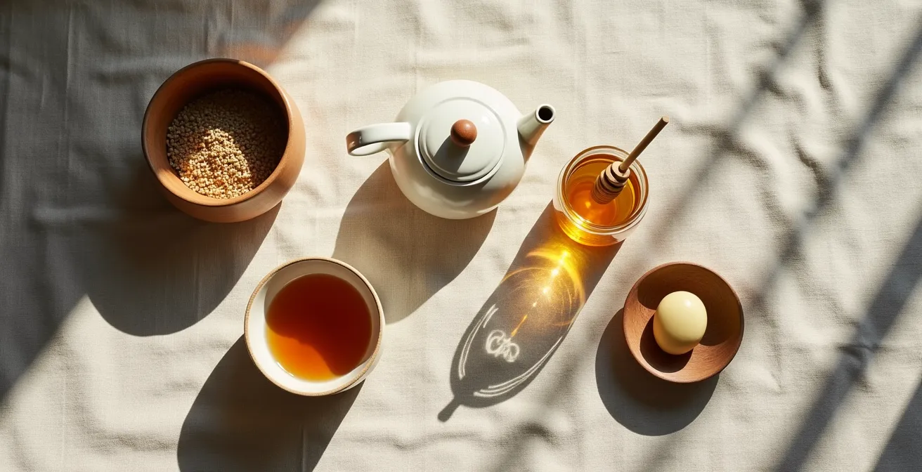 Vue aérienne minimaliste d'une préparation d'infusion CBD avec ingrédients naturels