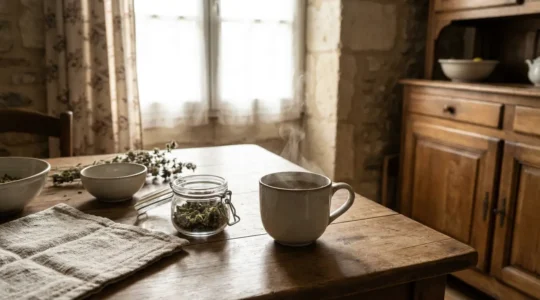 Tasse fumante d'infusion CBD sur table de cuisine avec fleurs de chanvre séchées