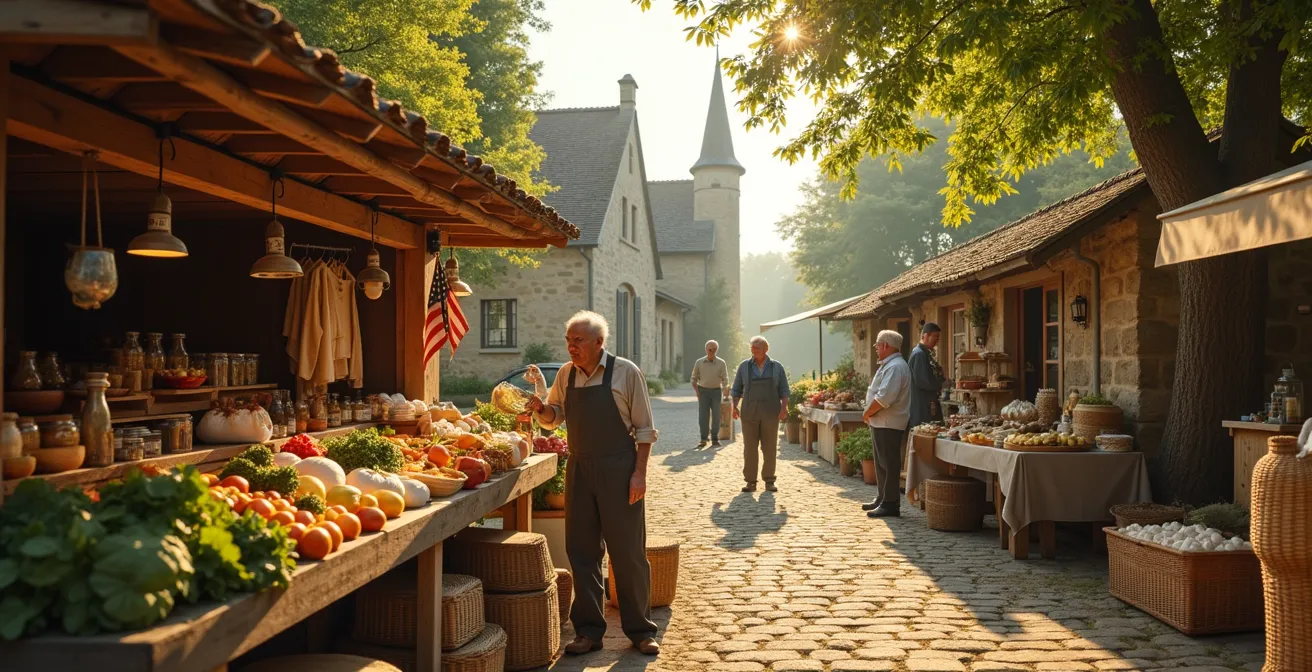 Stand de produits CBD à base de chanvre local sur un marché de village français traditionnel