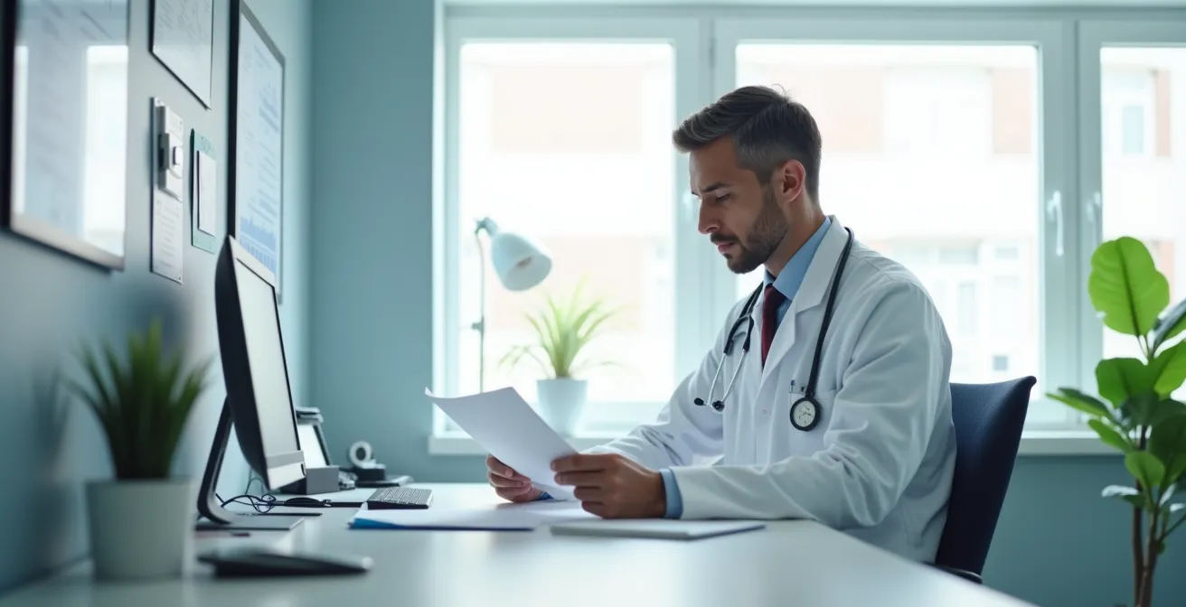 Médecin du travail examinant des documents médicaux dans un bureau lumineux et moderne