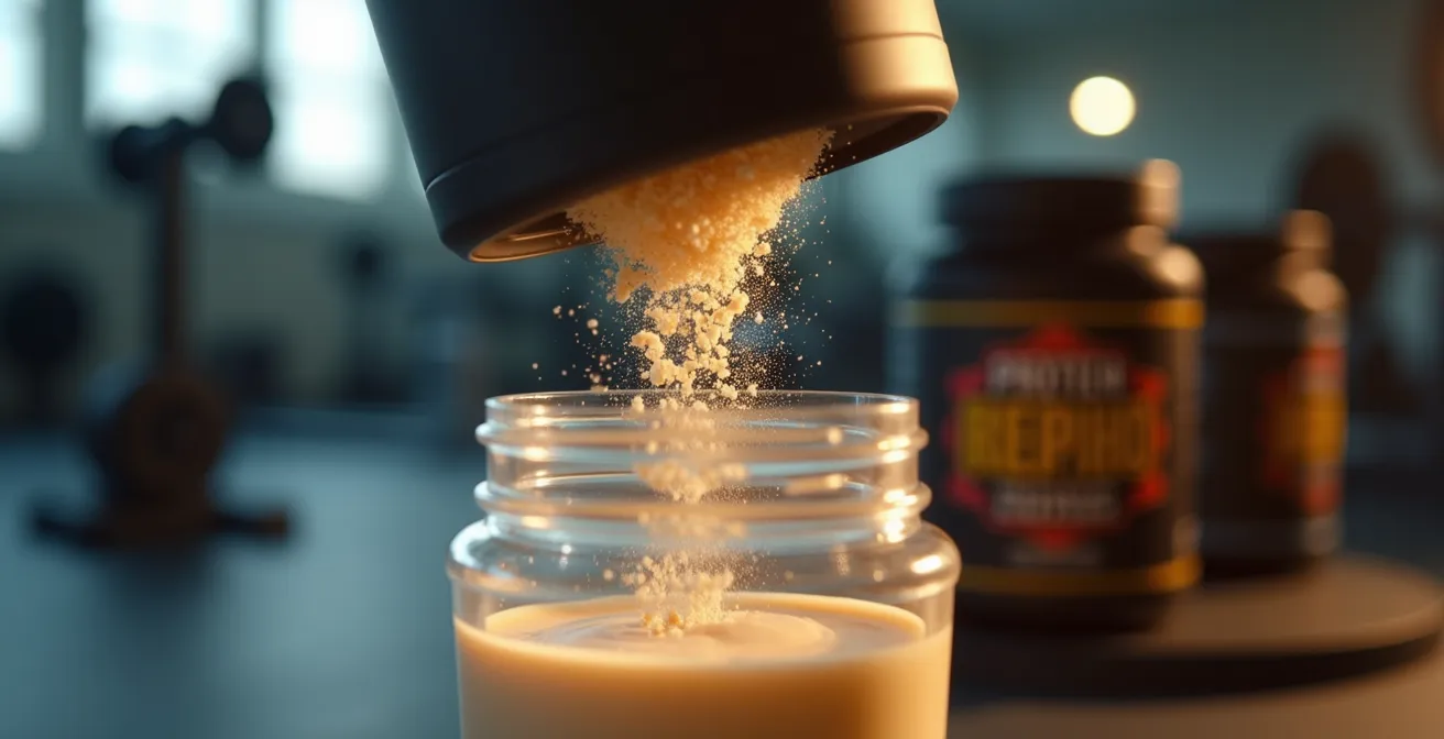 Shaker de protéine avec poudre d'isolat CBD et ingrédients sur table d'entraînement