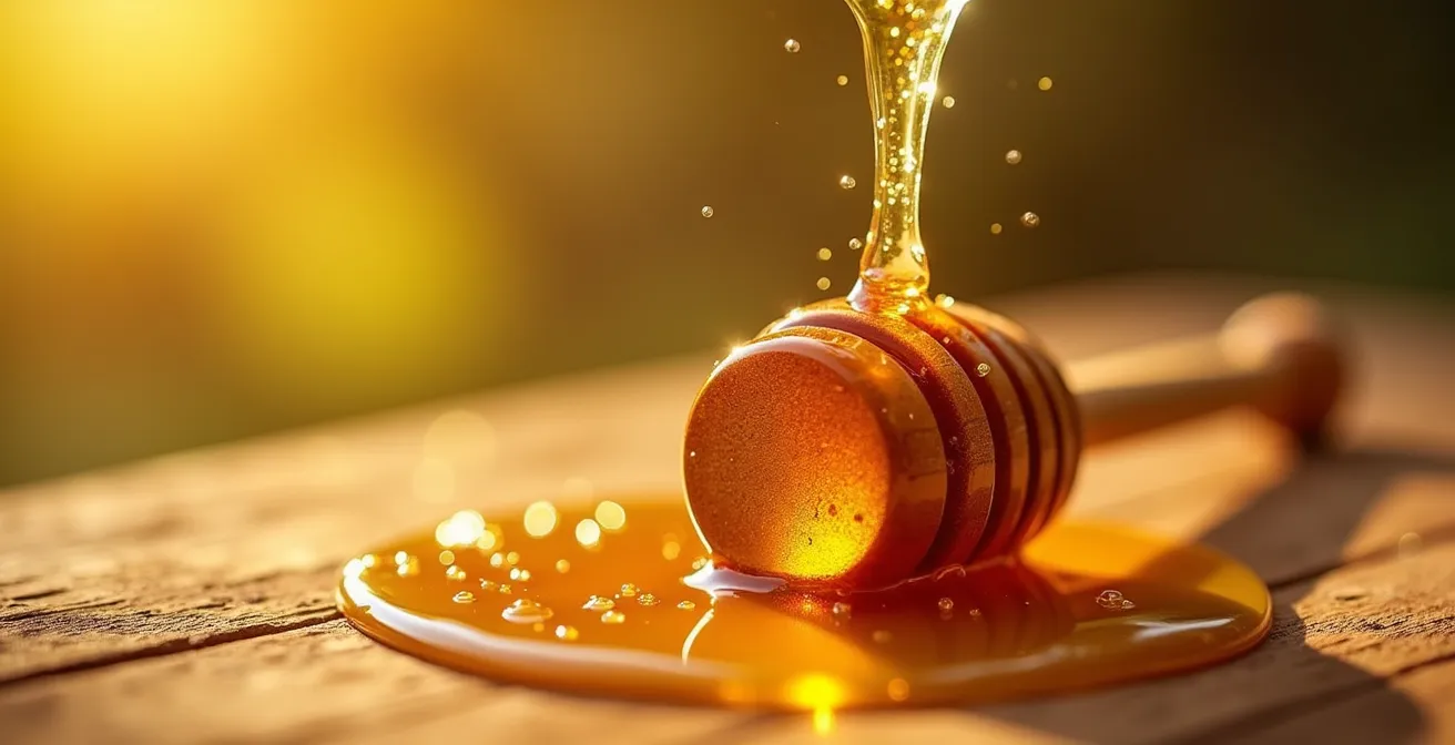 Photographie macro de miel doré coulant d'une cuillère en bois avec cristaux de CBD visibles