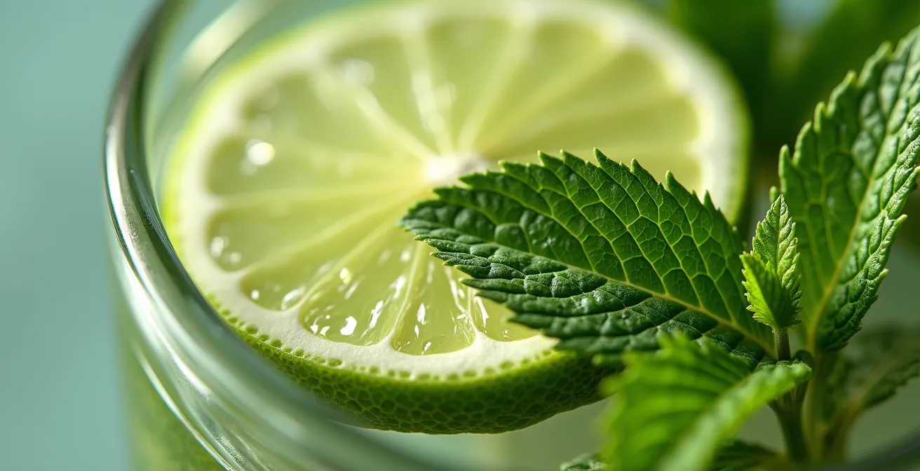 Gros plan macro sur feuilles de menthe fraîche et tranches de citron vert avec gouttelettes