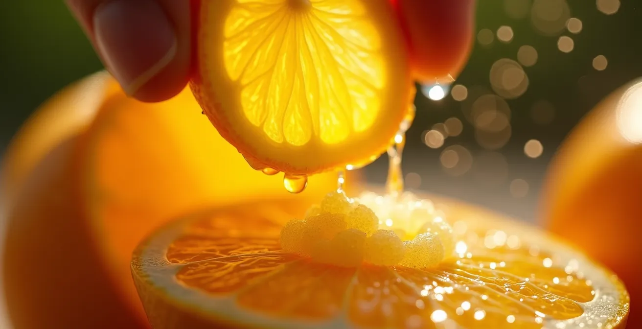 Gros plan sur des zestes d'agrumes libérant des micro-gouttelettes d'huiles essentielles dans la lumière dorée