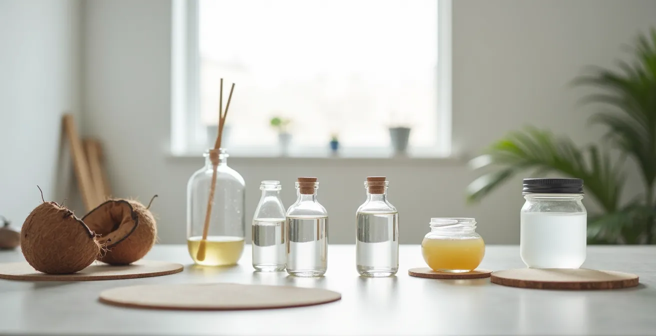 Vue large d'un atelier de nettoyage avec outils CBD et solutions de nettoyage