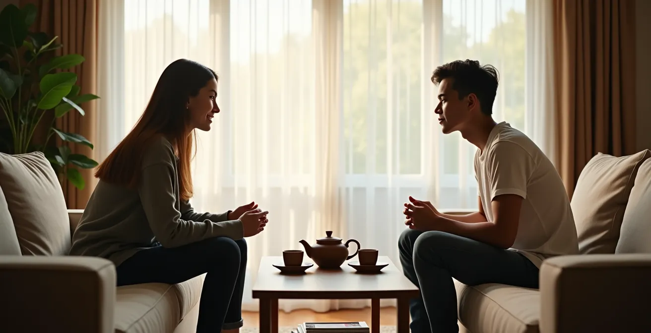 Parent et adolescent en discussion apaisée dans un salon lumineux, atmosphère de confiance et d'écoute mutuelle