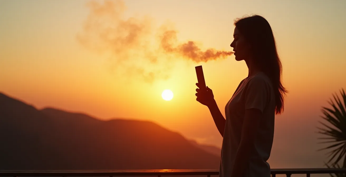 Vue de profil d'une personne utilisant un vaporisateur dans un environnement naturel au coucher du soleil