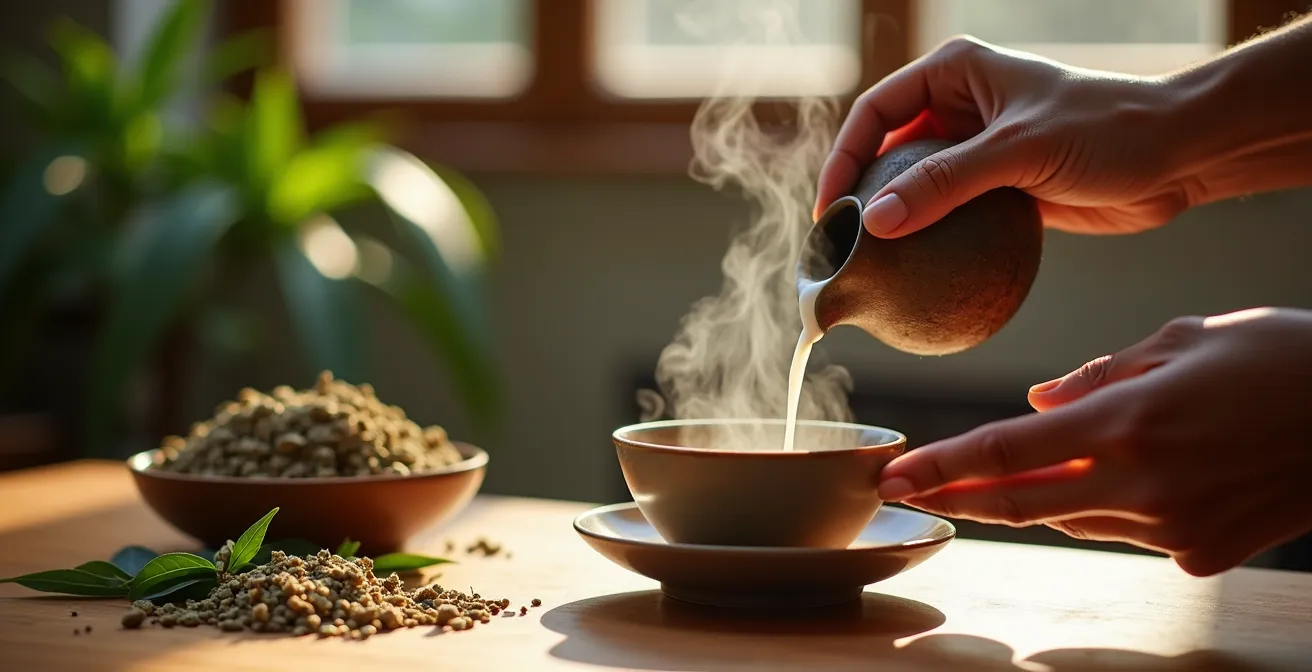 Tasse de tisane fumante avec feuilles de chanvre et noix de coco sur table en bois