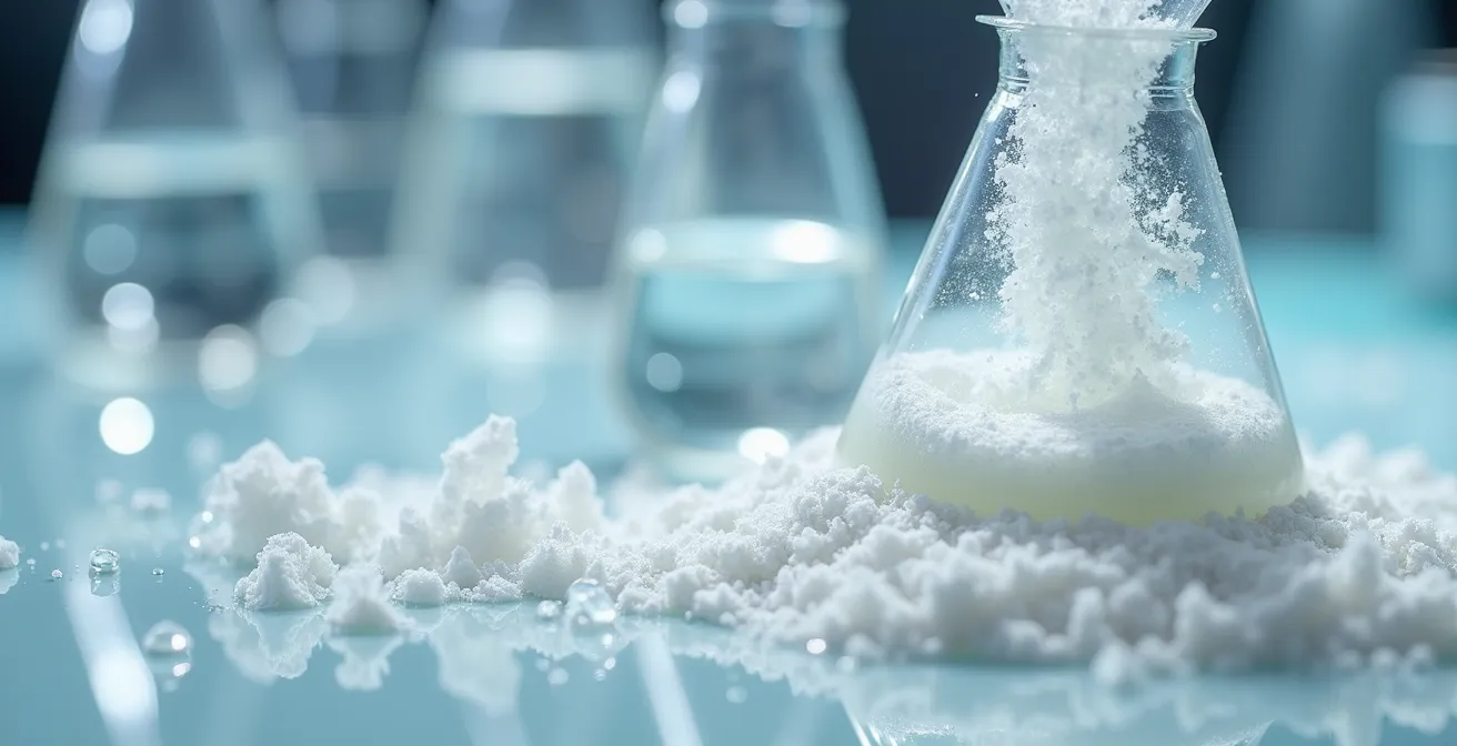 Gros plan macro sur la dissolution de cristaux de CBD dans une base liquide transparente