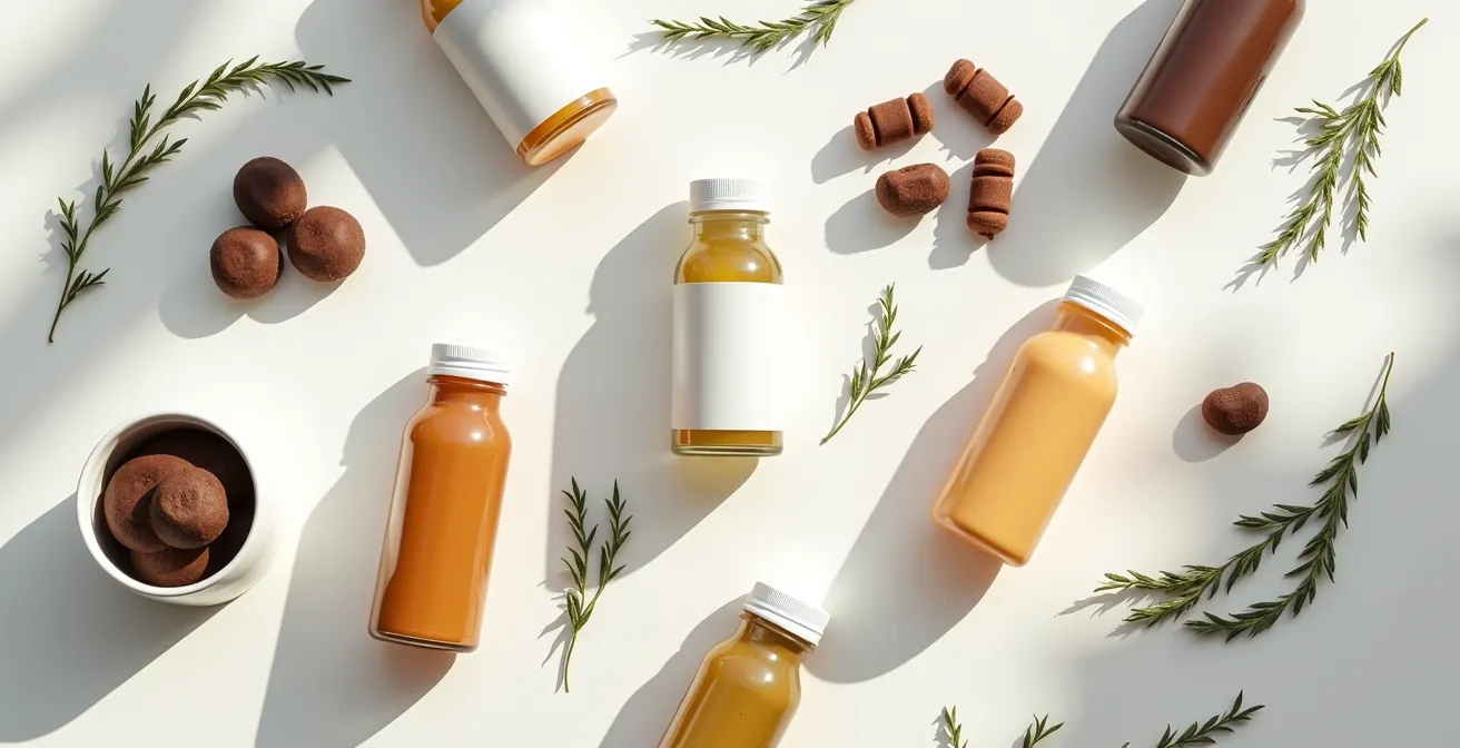 Assortiment de produits alimentaires au CBD disposés de manière minimaliste