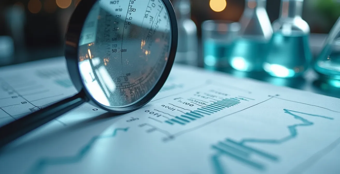 Gros plan sur un rapport de laboratoire avec loupe examinant les données de test CBD