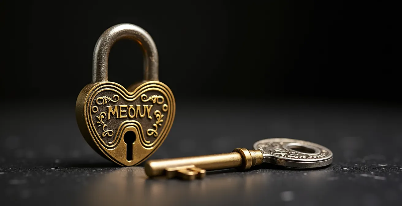 Représentation métaphorique d'une clé dorée (THC) s'insérant parfaitement dans une serrure complexe tandis qu'une clé argentée (CBD) reste à côté