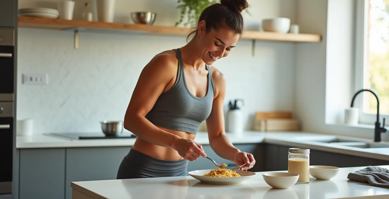 Sportif en tenue de sport préparant un bol de pâtes au chanvre dans une cuisine moderne après l'entraînement