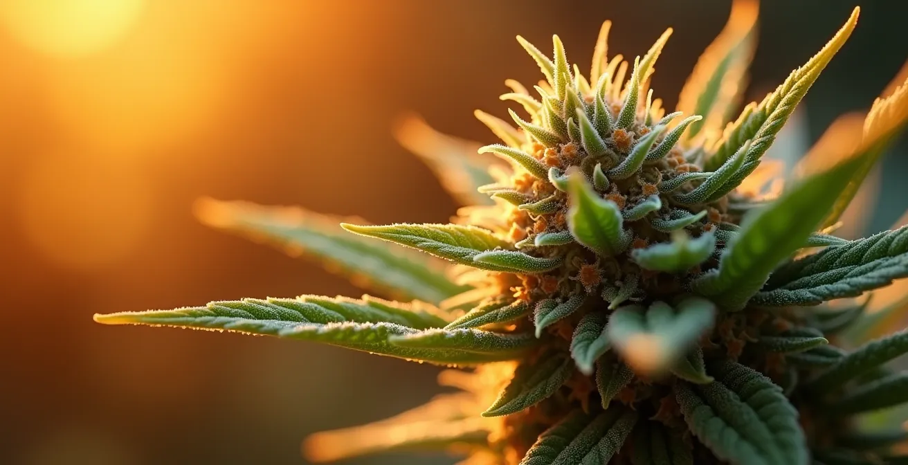 Gros plan macro sur les cristaux de CBD sur une fleur avec effet de chaleur