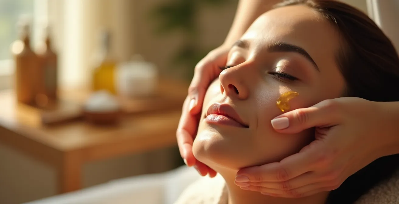 Mains appliquant délicatement une huile dorée sur le visage dans une atmosphère apaisante