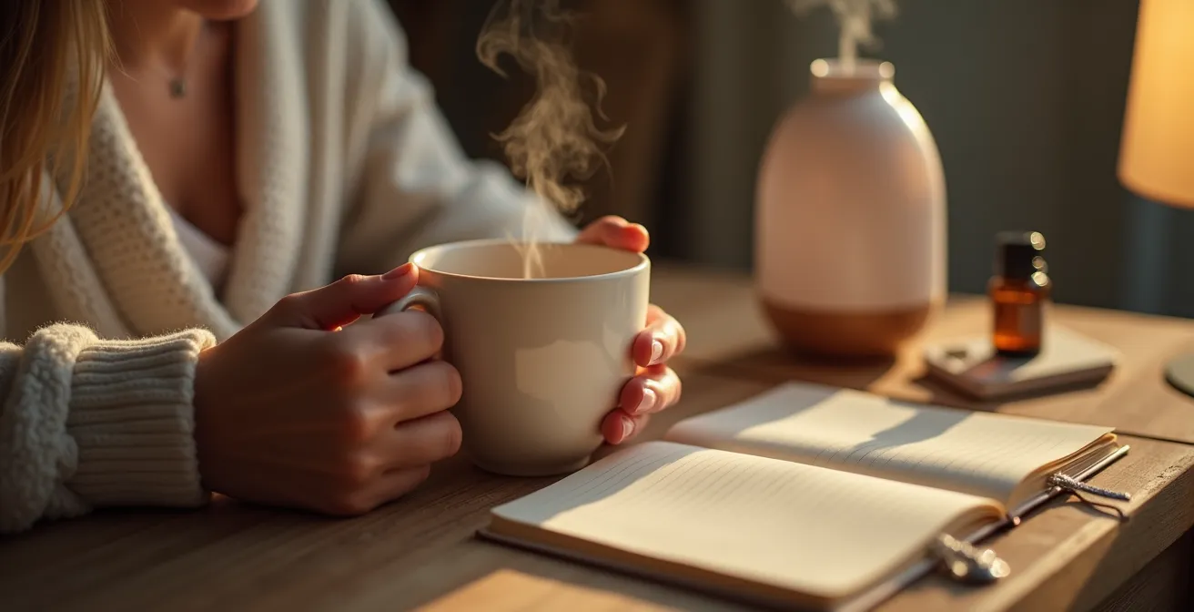 Rituel du soir avec tasse de tisane et journal intime dans une ambiance tamisée