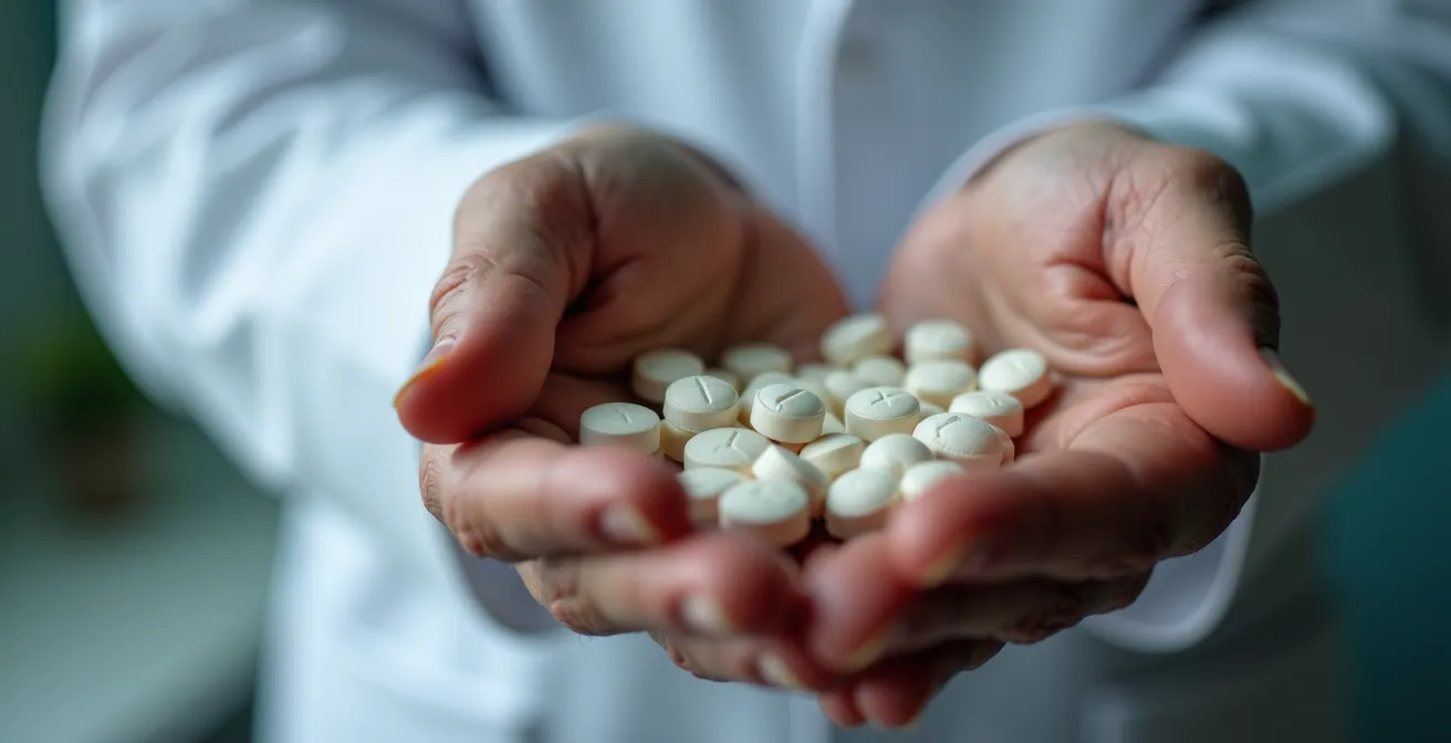 Main âgée tenant des médicaments avec professionnel de santé en arrière-plan flou