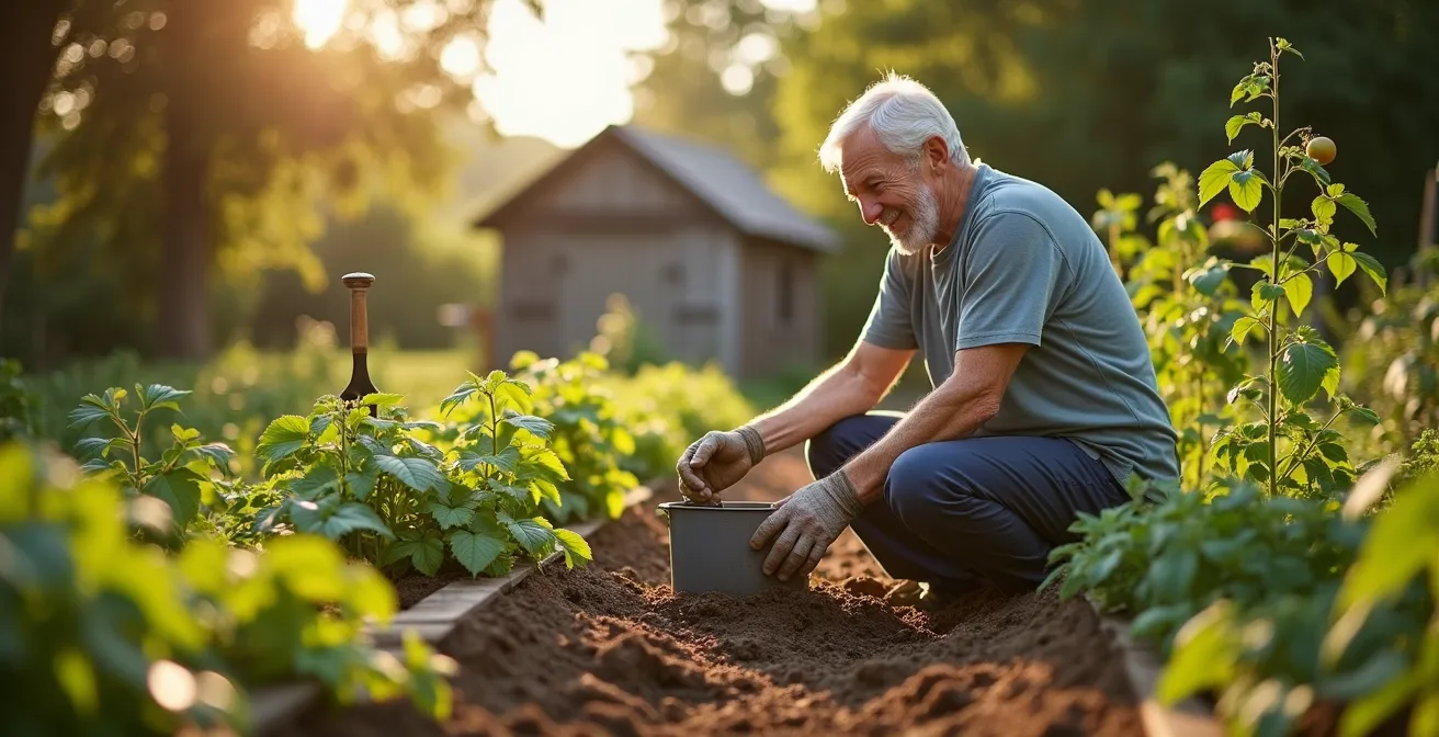 Personne âgée souriante jardinant avec aisance dans un potager ensoleillé, symbole de l'autonomie retrouvée.