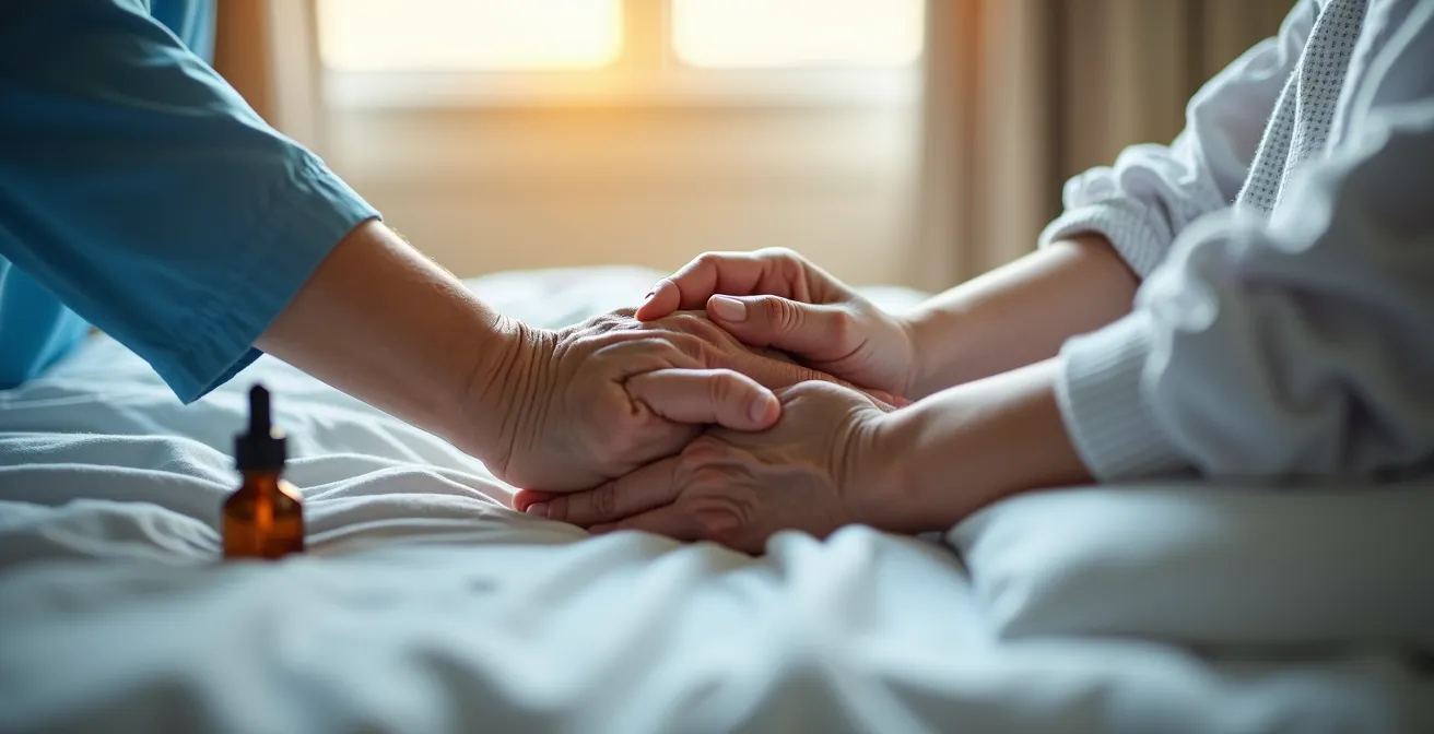 Main d'un soignant tenant celle d'un patient âgé dans un environnement médical apaisant