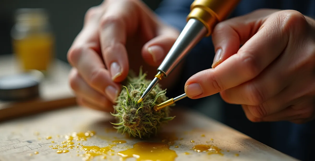 Main appliquant délicatement de la wax CBD dorée sur une fleur verte